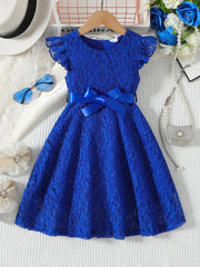 Lace Round Neck Small Flutter Sleeve Zipper Sweet Cute Dress with Belt