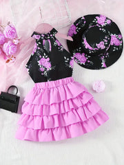 Floral Galter Top & Layered Hem Skirt & Hat