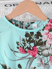 Elegant Floral Print for Lotus Sleeve Mid-Long Dress + Belt