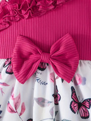 Cute Butterfly Print Ruffle Collar Knit Top & Flared Skirt Dress