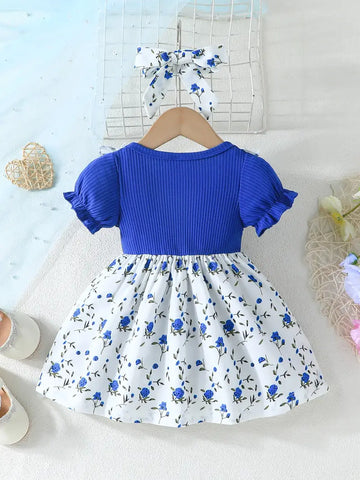 Short Sleeve Round Neck Summer Floral Dress with Bow Detail