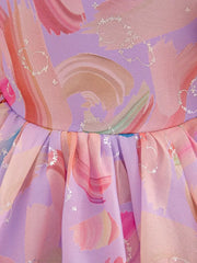 Pearl-Embellished Round Neck Short Sleeve Dress with Ruffled Bubble Cuffs & Bow Waist