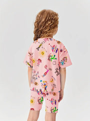 Short Sleeve Outfit for Outdoor Pink Graffiti Print Casual T-Shirt and Shorts Set