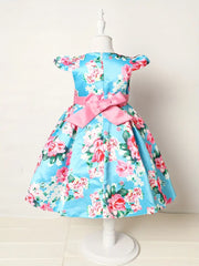 Slim-Fit Bodice & Flared Rose Floral Print Dress with Red Ribbon Belt Skirt