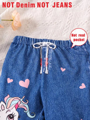 Unicorn Imitation Denim Digital Print Flared Pants