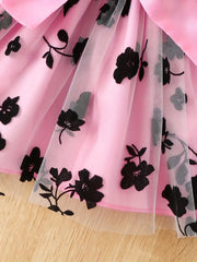 Floral Mesh Dress with Ruffled Sleeves & Beige Tulle Skirt