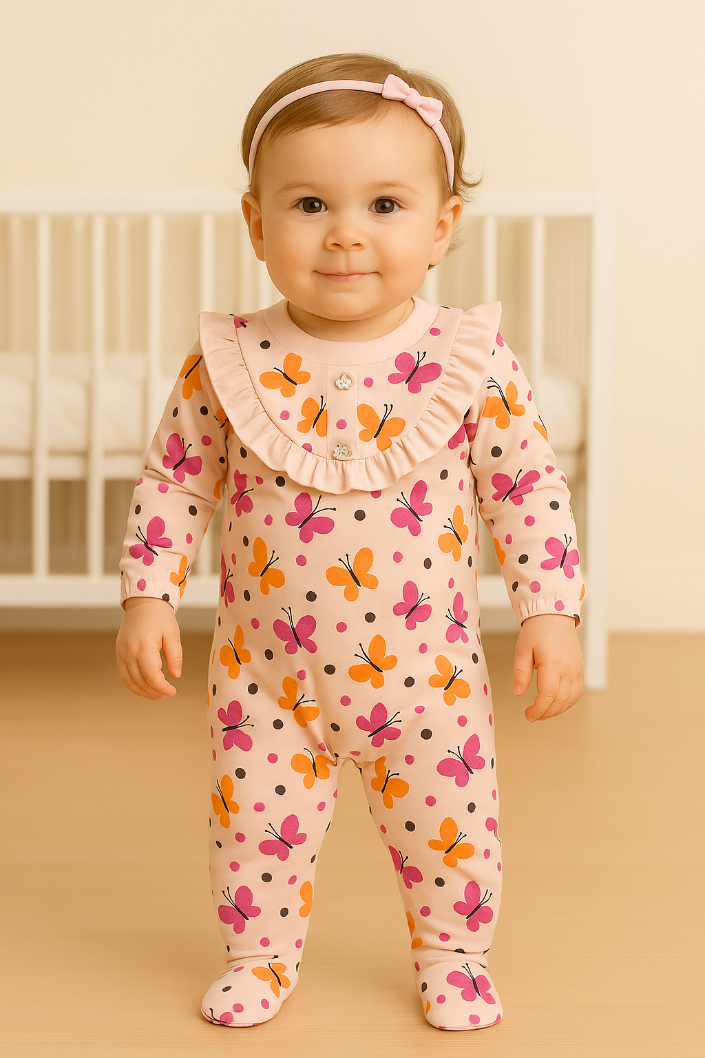 Soft White Petal Play Frill Interlock Sleepsuit for Baby Girls
