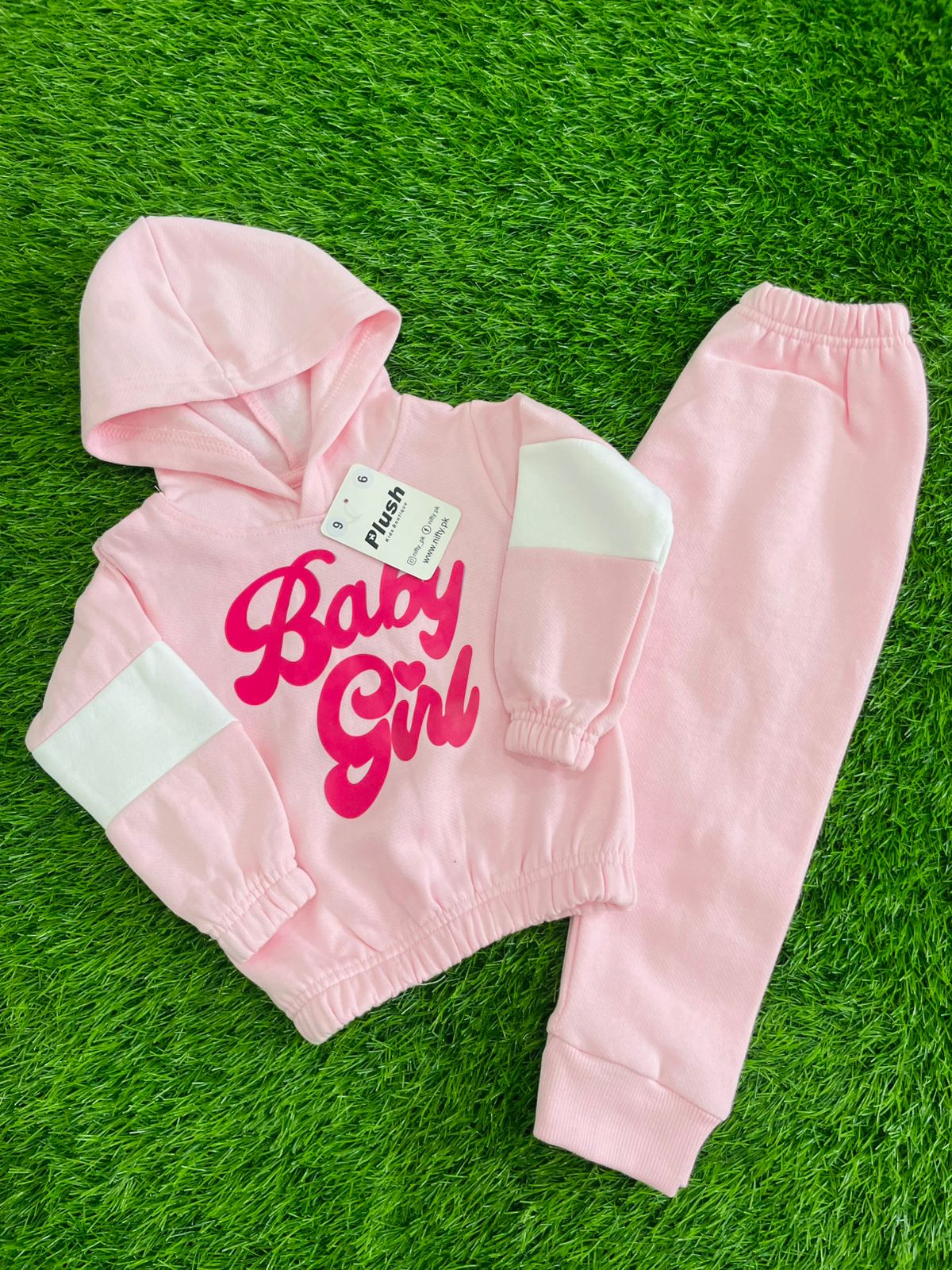 Comfortable Pink Contrast Plush Hooded Fleece Shirt & Trouser Set Baby