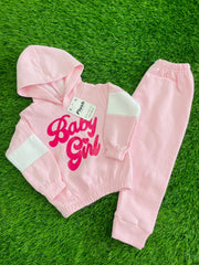 Comfortable Pink Contrast Plush Hooded Fleece Shirt & Trouser Set Baby