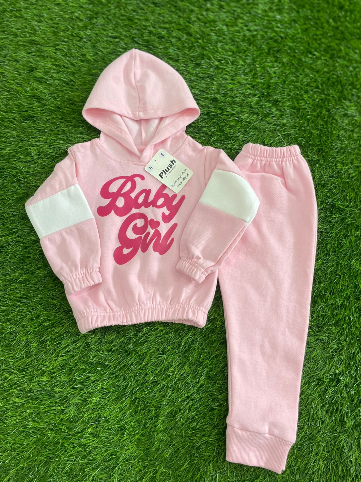 Comfortable Pink Contrast Plush Hooded Fleece Shirt & Trouser Set Baby