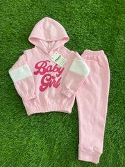Comfortable Pink Contrast Plush Hooded Fleece Shirt & Trouser Set Baby