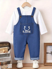 Denim Dungaree Set With Slogan Love