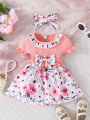 Baby Girls Cute Casual Ruffled Stitching Flower Ribbed Dress & Bow Headband Set