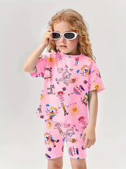 Short Sleeve Outfit for Outdoor Pink Graffiti Print Casual T-Shirt and Shorts Set