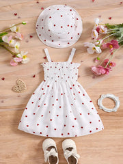 Adorable Summer Heart Print Sleeveless Dress & Hat Set