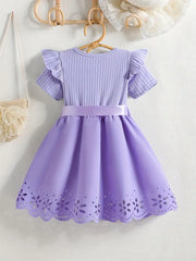 Ruffled Collar Bow Belt & Eyelet Lace Detailing Short Sleeve Dress