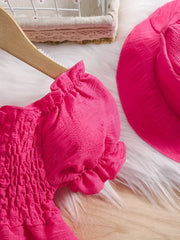 Bubble Sleeve Plain Color Dress with Cute Hat Two-piece Set