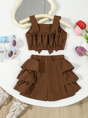 Red Shorts Bubble-Fold Design Large Bow Top & Ruffled Shorts Set