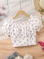 Chic French-Inspired Girls' Floral Puff Sleeve Blouse