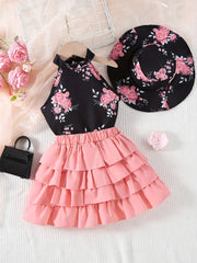 Floral Galter Top & Layered Hem Skirt & Hat