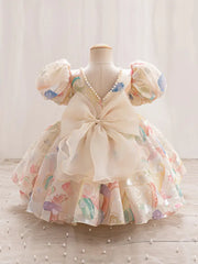 Pearl-Embellished Round Neck Short Sleeve Dress with Ruffled Bubble Cuffs & Bow Waist