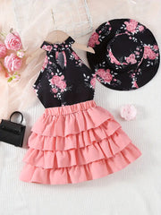 Floral Galter Top & Layered Hem Skirt & Hat