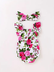 Cute Flying Sleeves and Rose Print Newborn Romper with Headwear Set