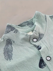 2pcs Set Feather Pattern Short Sleeve Shirt & Shorts