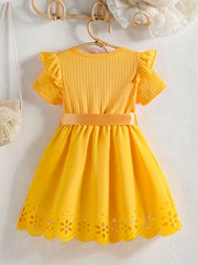 Ruffled Collar Bow Belt & Eyelet Lace Detailing Short Sleeve Dress