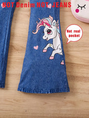 Unicorn Imitation Denim Digital Print Flared Pants