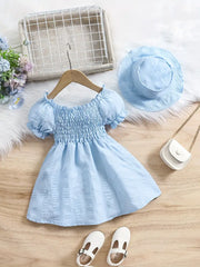 Bubble Sleeve Plain Color Dress with Cute Hat Two-piece Set