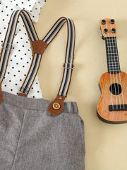 Three-Piece Bow Polka Dot Short Sleeve Shirt + Gray Shorts with Straps + Hat