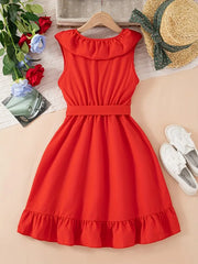 Solid Color Polyester Knee-Length Casual Dress Sleeveless V-Neck Dress with Ruffle Detail and Belt