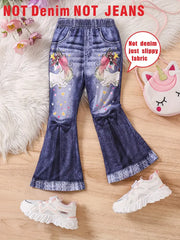 Casual Bows & Unicorn Pattern Imitation Denim Pants