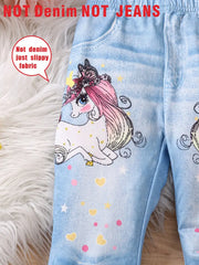 Casual Bows & Unicorn Pattern Imitation Denim Pants