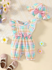 2pcs Sleeveless Plaid Romper & Bow Hat Set