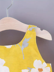 Flower Print Big Bow Baby Girls Sweet Dress Hat Set