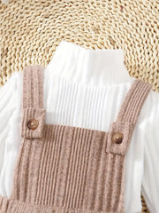 3pcs Forest Style Solid Color Long Sleeve Top + Ribbed Overalls + Hat Set