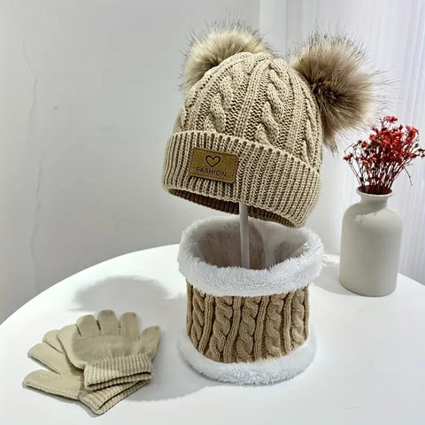 4pcs/set 1pc Teens Warm Pom Pom Knit Hat & 1pc Scarf & 1 Pair Gloves Set