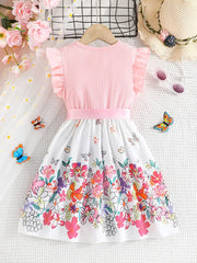 Flower Graphic Flutter Trim Sleeveless Dress With Bow