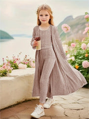 3pcs Girls Long Sleeve Shawl Knit Cardigan + Top + Leggings