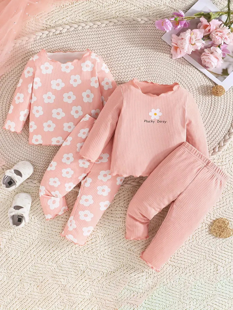 Adorable Floral Print & Solid Color 4pcs Set