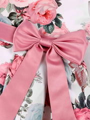 Slim-Fit Bodice & Flared Rose Floral Print Dress with Red Ribbon Belt Skirt
