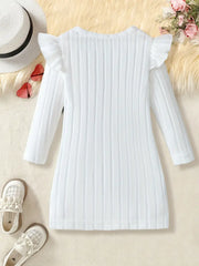 Solid Color Ruffled Sleeve Long Sleeve Dress with Bow Detail