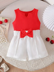 Ribbed U-Neck Bowknot T-Shirt Vest Top + White Elastic Waistband