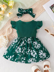 Baby Flying Sleeve Print Skirt + Headscarf Two-piece Set