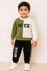 Green Panel Fleece Winter Tracksuit Set