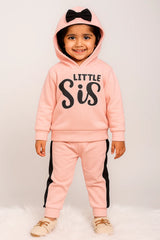 Little Sis Light Pink Plush Hooded Fleece Shirt & Trouser Set