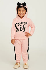Little Sis Light Pink Plush Hooded Fleece Shirt & Trouser Set