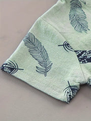 2pcs Set Feather Pattern Short Sleeve Shirt & Shorts
